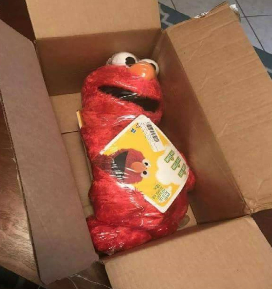 This Elmo arrived in the mail like someone in the Sesame Street mafia was trying to send a message