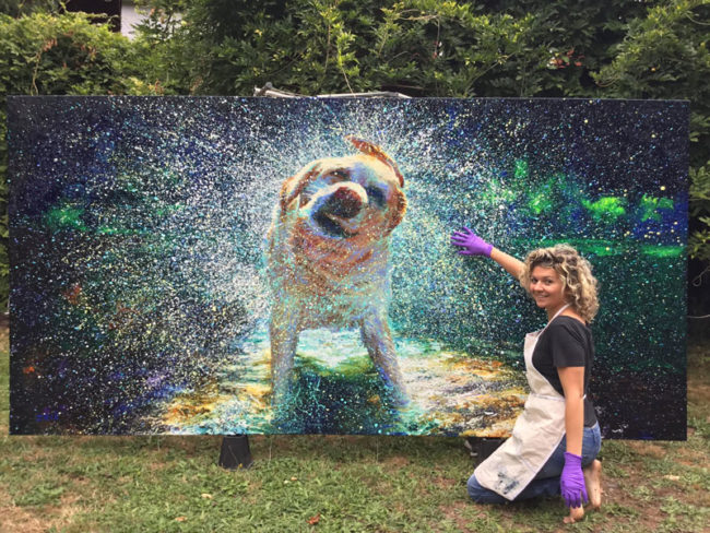 A photo of artist Iris Scott and one of her amazing finger paintings