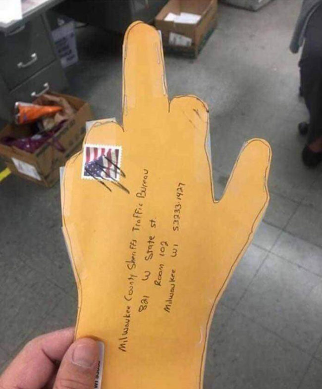 The perfect envelope for paying traffic tickets you don't agree with