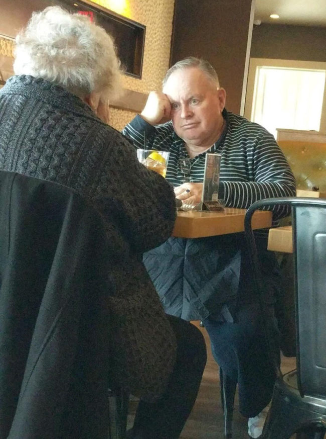 Spotted this couple while having lunch. She's talking but I guarantee he ain't listening
