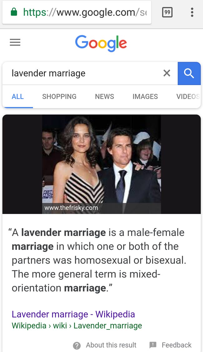 Tom Cruise is Google's poster child for the term "Lavender Marriage"