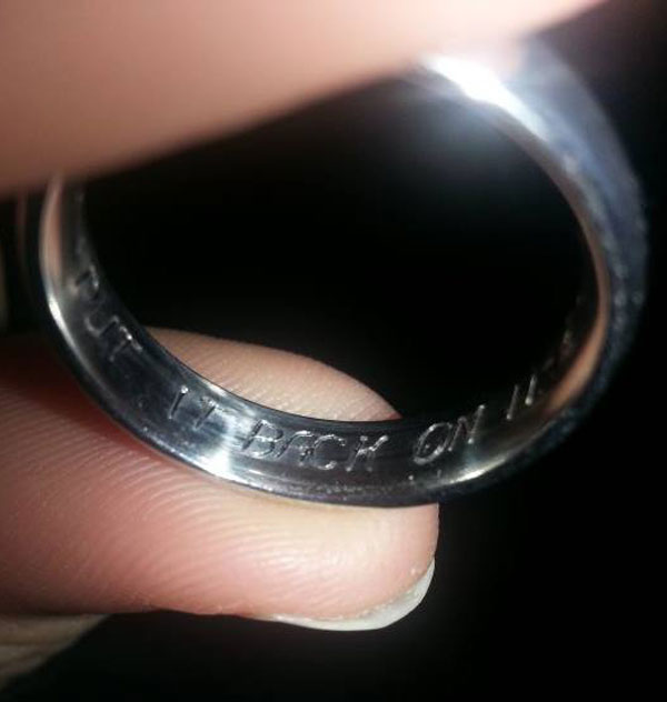 My friend got married and is complaining about his ring's engraving irritating his finger. He's rather conflicted about the situation