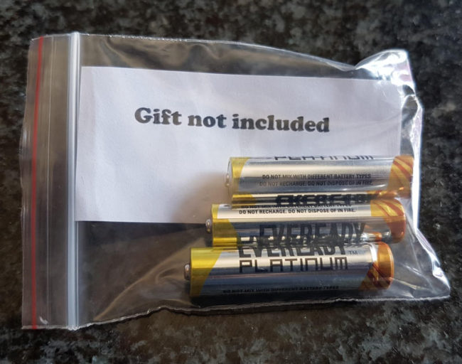 We always get each other ironic gifts, my little sister killed it this year: batteries not included