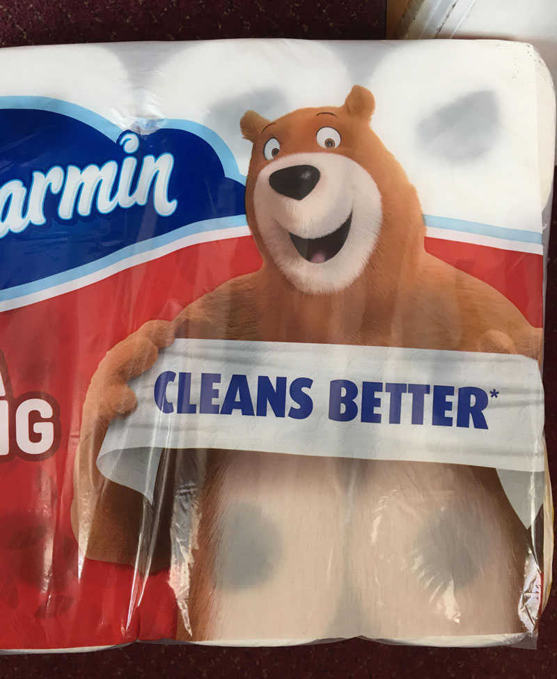 The bear on our toilet paper packaging looks somewhat inappropriate