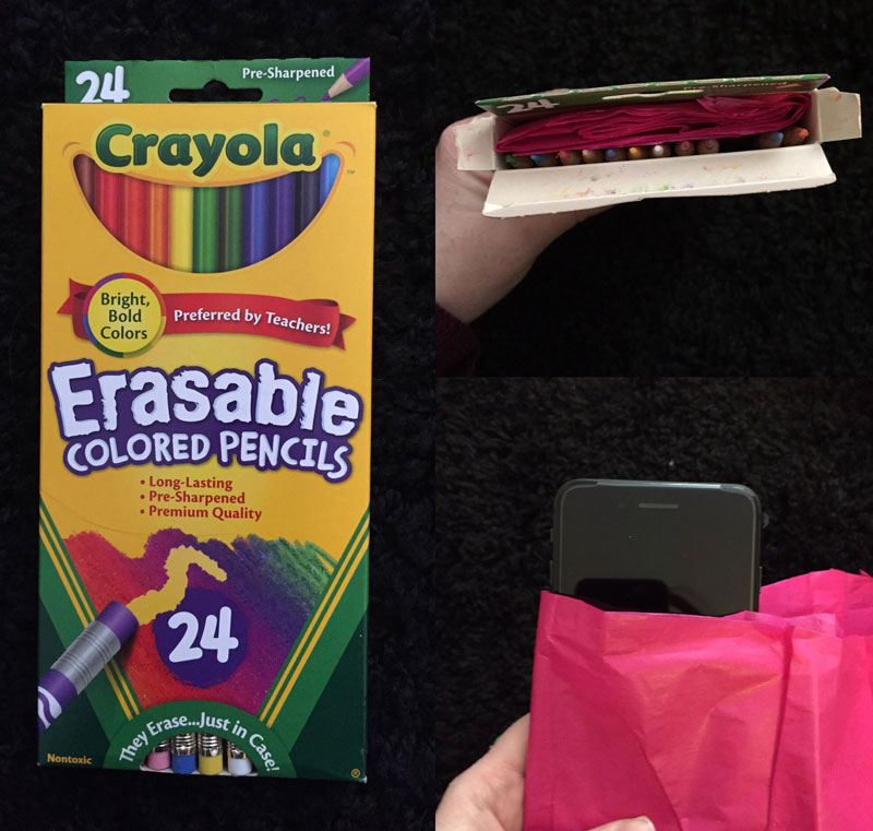 My husband always got colored pencils for his birthday and Christmas growing up, and he hates them because he’s colorblind. He’s wanted an iPhone forever, so today I bought him one and this is how I wrapped it