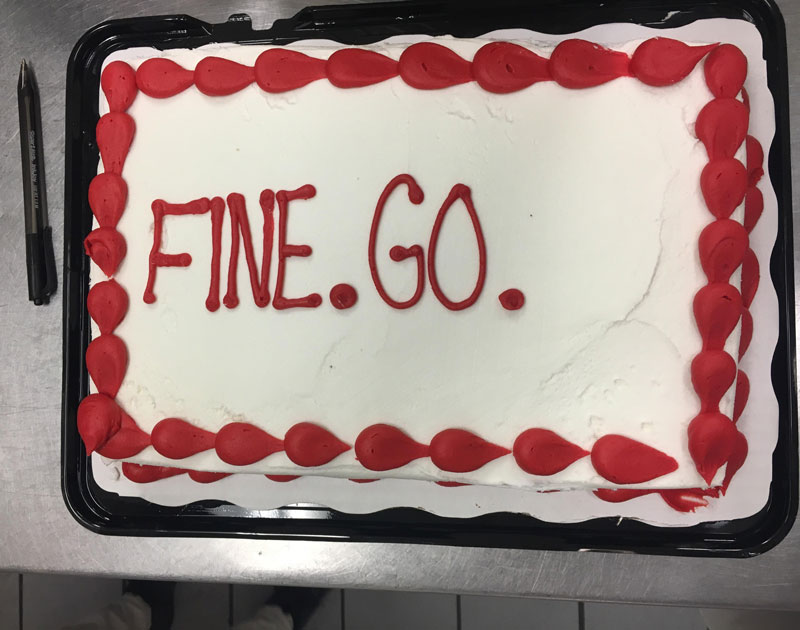 Two of my favorite coworkers are leaving, and I had this cake made for them