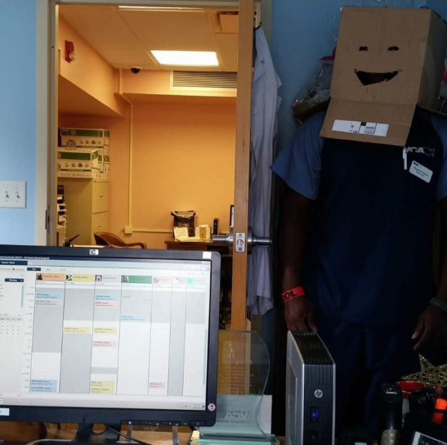 My friend getting ready to scare his boss