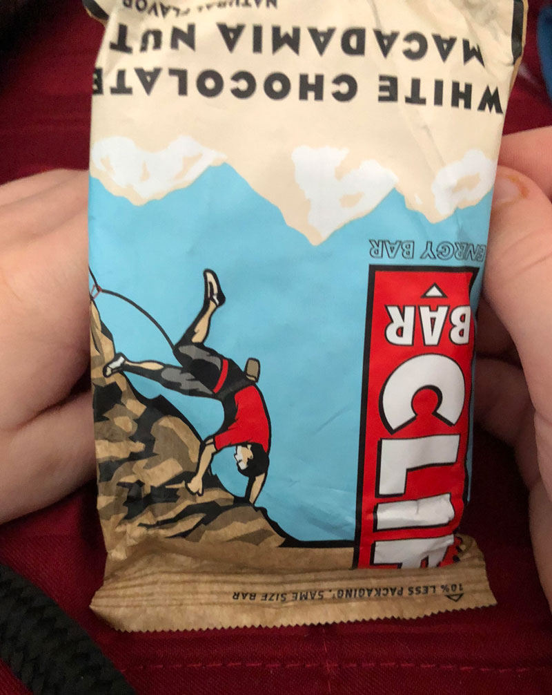 My six year old son pointed out when you hold a clif bar upside down it looks like “The last moment of that guy’s life”.