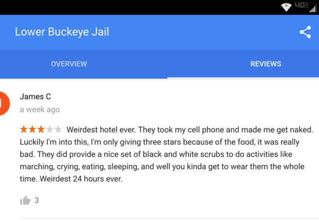 I wanted to see if people would actually write reviews for jail. Was not disappointed