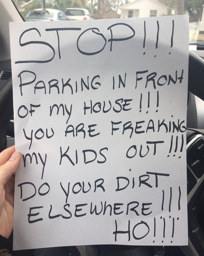 Note left on car of disabled neighbor's social worker