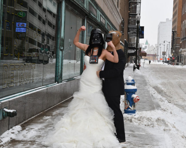Went to take some fun wedding pictures around Detroit, ran into a guy with a Darth Vader mask, asked if he had another mask & he didn't disappoint