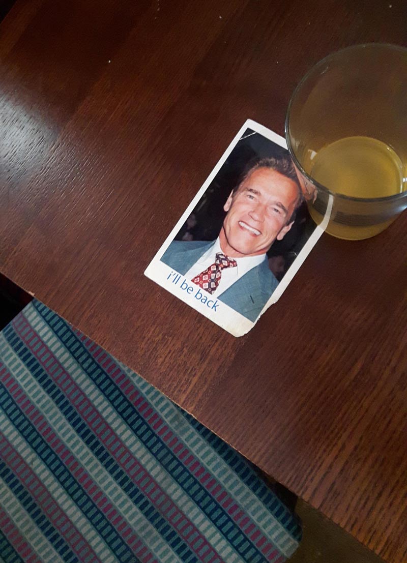 A man in the pub went to the bathroom and left Arnold Schwarzenegger to save his seat