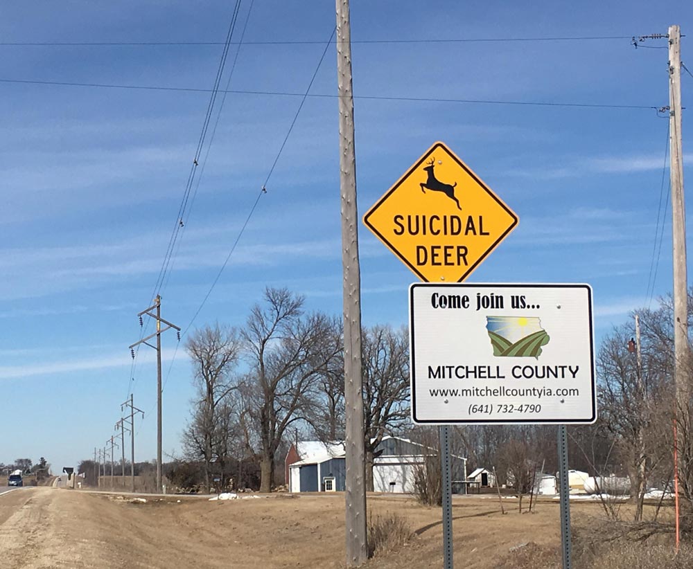 Found this sign in Iowa. Even the deer hate living here