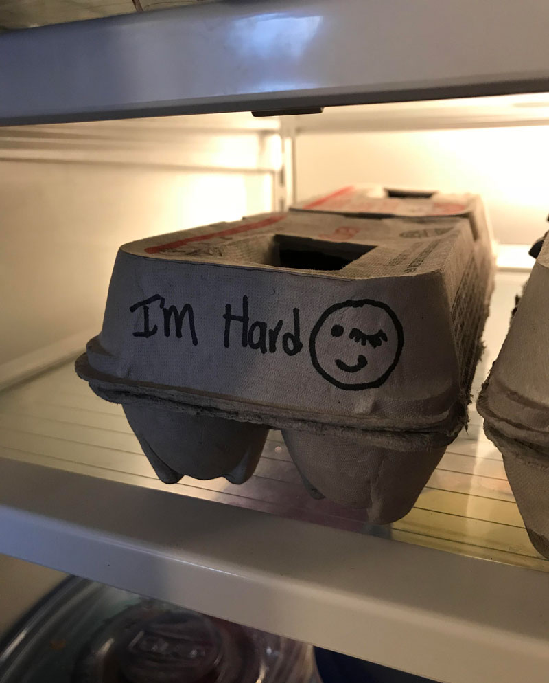 I knew my wife made some hard boiled eggs yesterday, opened the fridge this morning to this