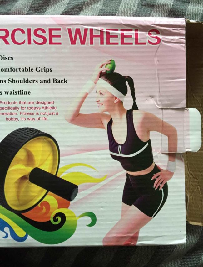 I bought an exercise wheel from Amazon. The box has a picture of a woman putting a lime on her head for some reason