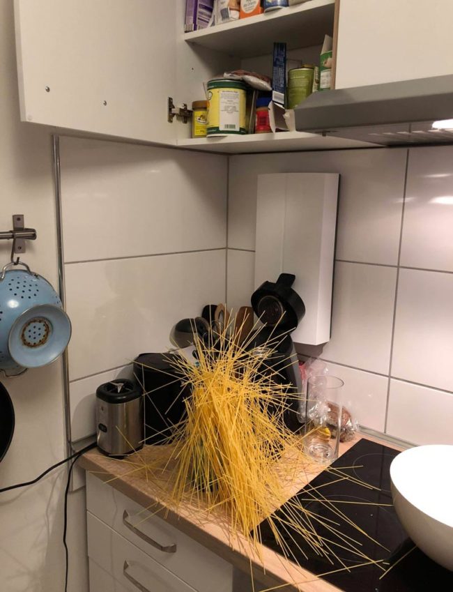 Opened the cupboard and the spaghetti just fell out like that. I think I created a piece of art
