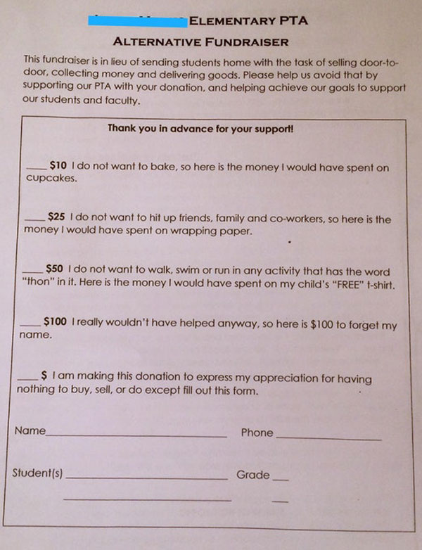 Shoutout to the PTA at my kids' elementary school for the most hilariously honest fundraiser I've ever seen