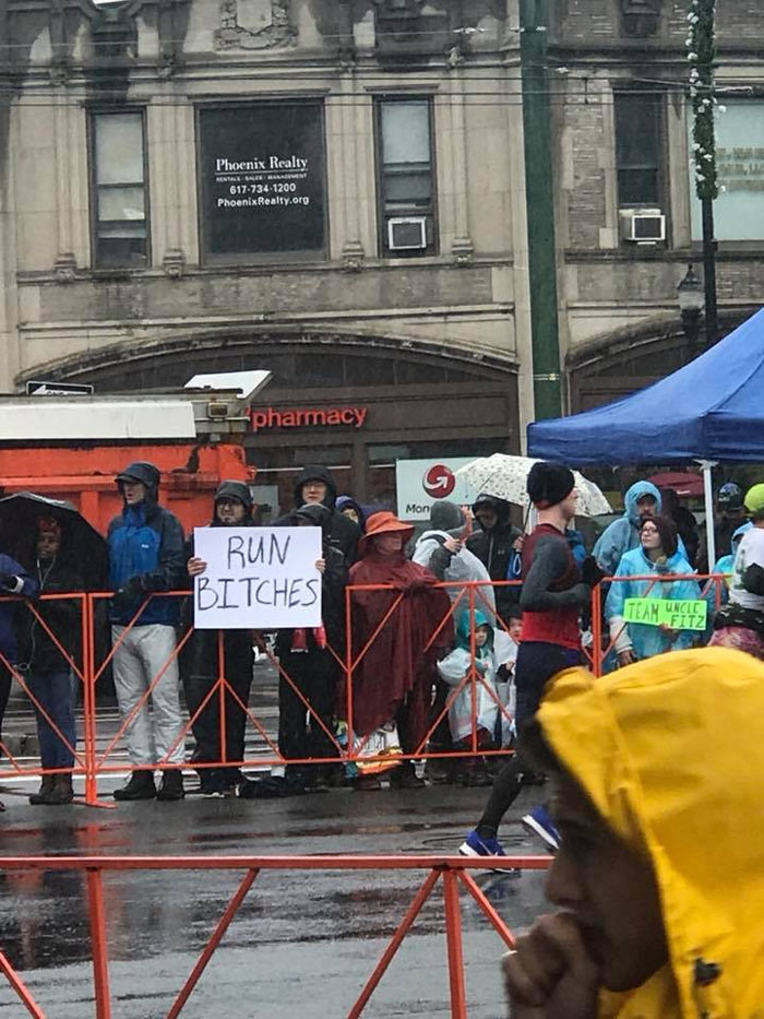 An encouraging supporter at the Boston Marathon