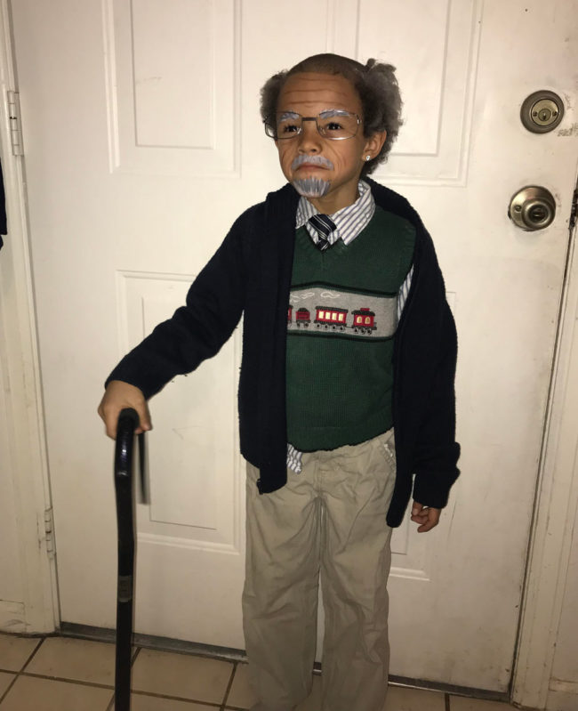 The kids were told to dress like they were 100 years old for their 100th day of school, so my son got a haircut