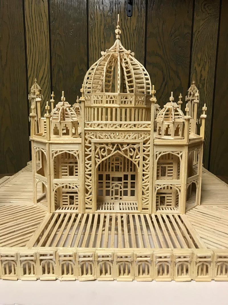 Helping my girlfriend’s grandmother move stuff in her basement. Turns out her late grandpa made sculptures out of matchsticks! Behold! The Taj Mahal!