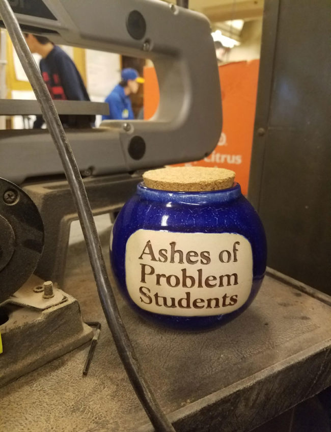My wood working teacher keeps this jar in the shop