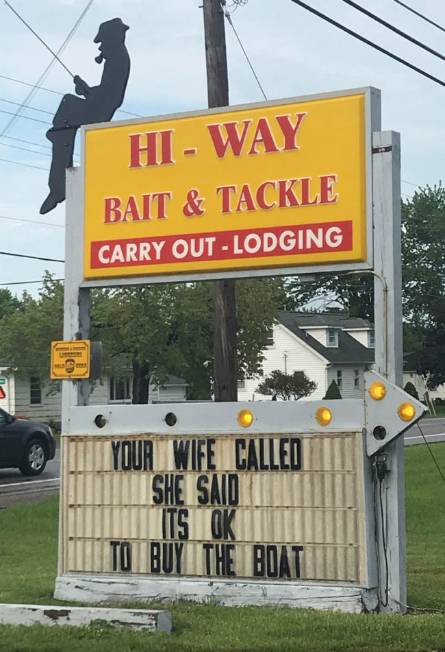 Sign outside a tackle shop in Marblehead, Ohio