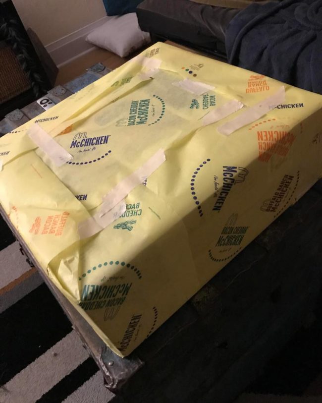My girlfriend, who is vegetarian, was given the nickname McChicken which has unfortunately stuck for two years. This is how I wrapped her birthday present