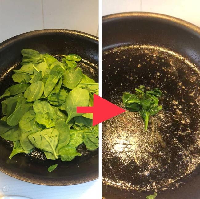 Before and after Sautéing spinach