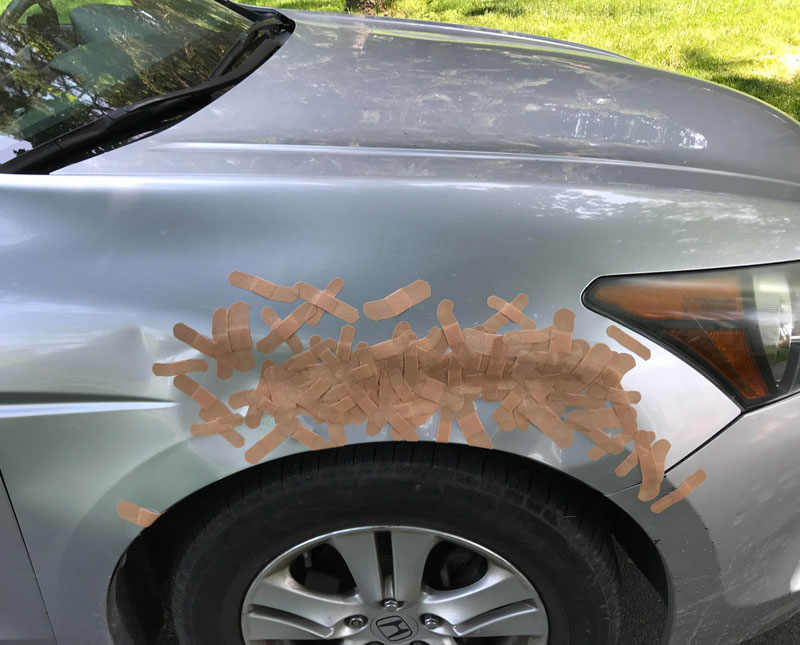 My 16 year old sister said she will keep adding Band-Aids to my car until I get my dent fixed. Day 96