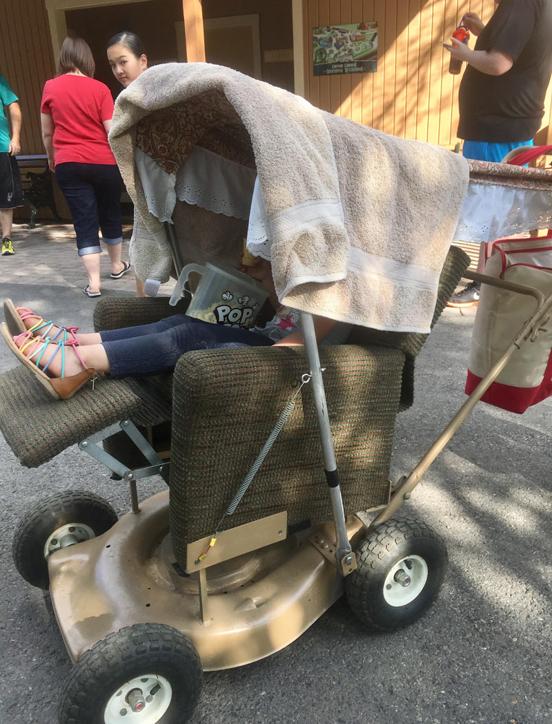 Chilling in a homemade stroller, seen in North Idaho