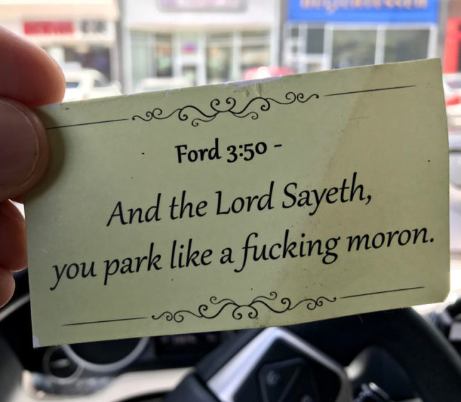 Forgive me father for I have sinned: Someone put this under the windshield wiper on my Tundra
