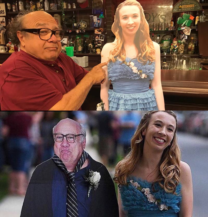 Girl takes cardboard cutout of Danny DeVito to prom, so Danny DeVito takes cardboard cutout of the girl to Paddy’s Pub