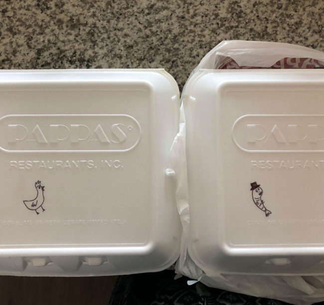 Our server at Pappadeaux’s labeled our to-go boxes for us