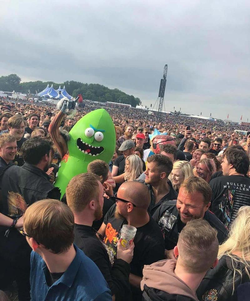 My brother made a Pickle Rick Costume! Here he is at the Download Festival in England