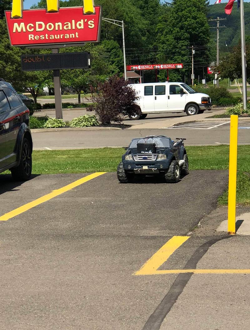 19 year old coworker drove a Power Wheels to work. That’s a car battery on the hood