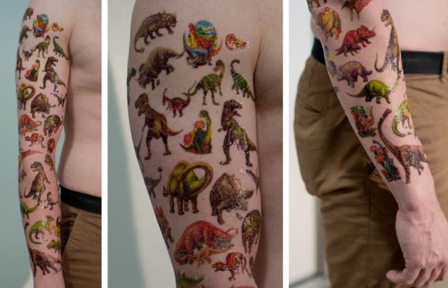 My boyfriend won a pack of temporary dinosaur tattoos last night. We made the obvious choice