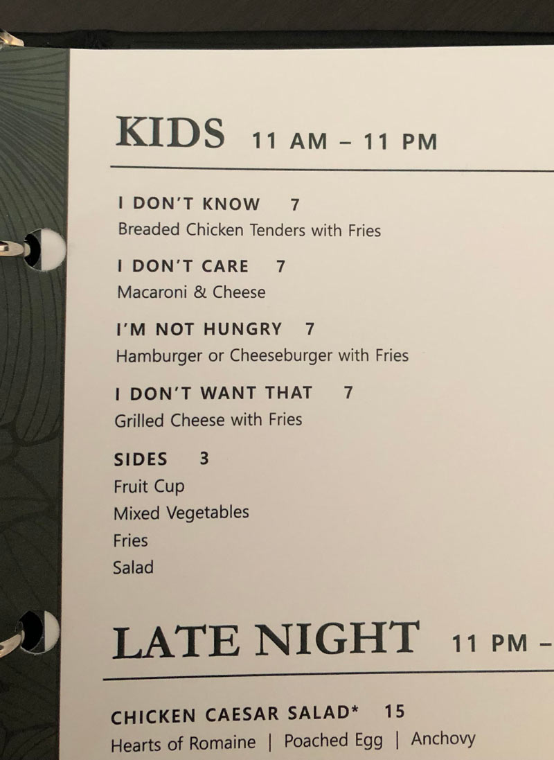 This kids menu at the hotel I’m staying at