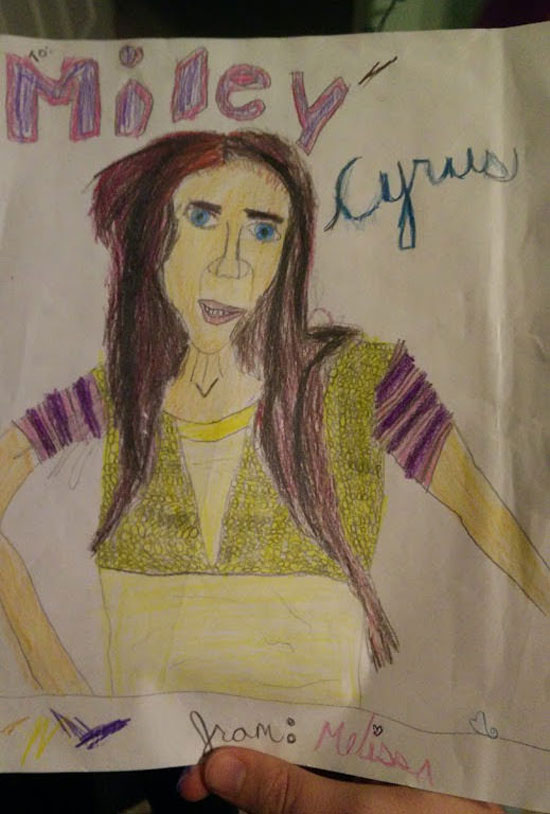 My sister's attempt at drawing Miley Cyrus somehow ended up as Nicholas Cage