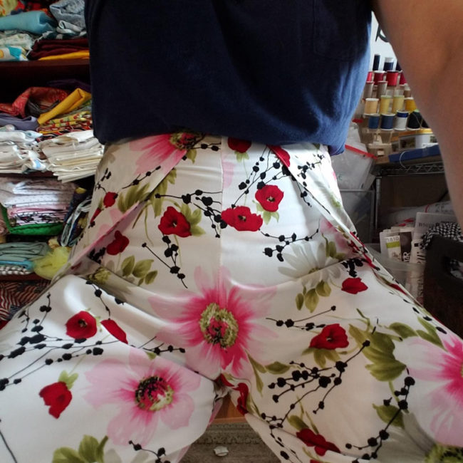 While trying on a pair of wrap pants that I'm halfway through making, I noticed a flower.. Pattern placement problems are real