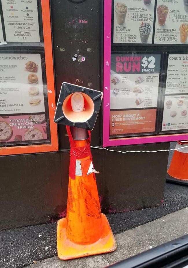 My local Dunkin Donuts drive-through speaker broke. They’re now using a baby monitor
