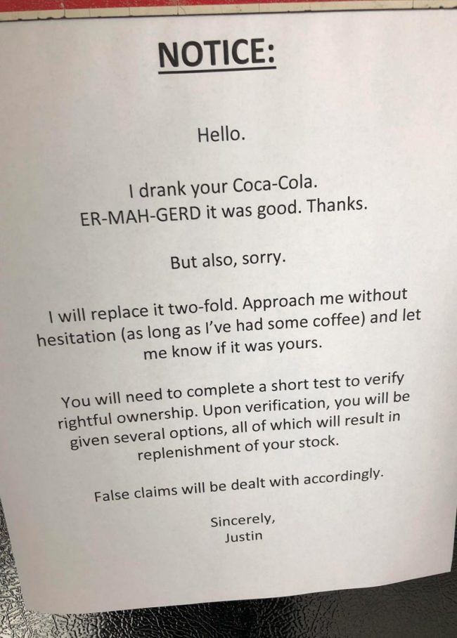 This note on the fridge at work