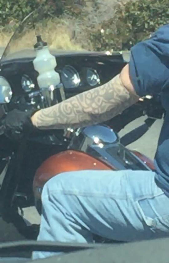 Saw this guy on his Harley wearing fake tattoo sleeves