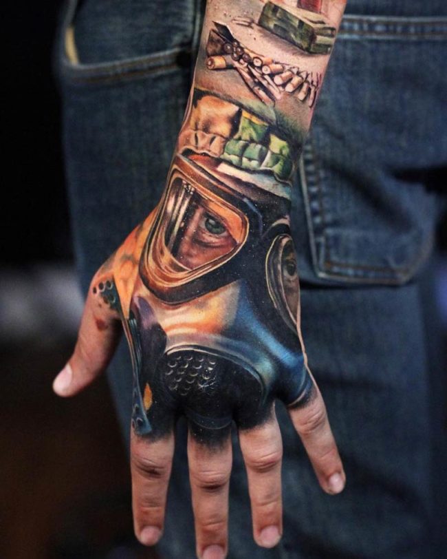 Gas mask hand tattoo