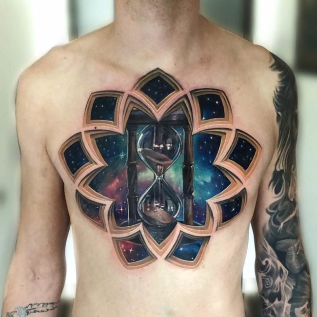 Hourglass, space & church window chest tattoo