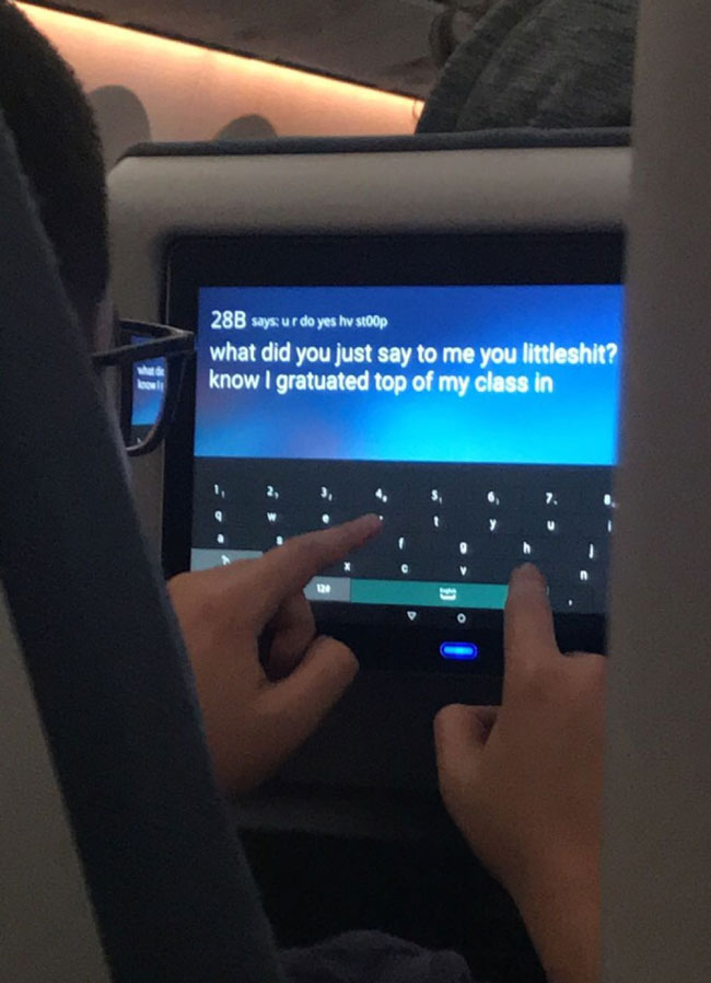 The kid sitting in front of me on my flight was sending a nice message to his sister