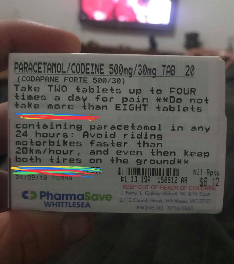 Friend broke his leg in a dirt bike accident this weekend. Pharmacist has no chill