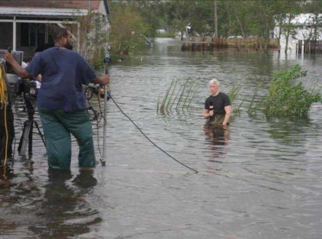 News “There’s not too much flooding here”. Reporter “I could get on my knees”. News “Perfect”