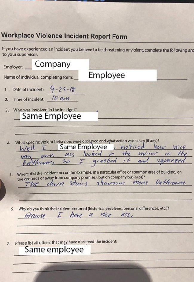 Employee reports sexually harassing himself