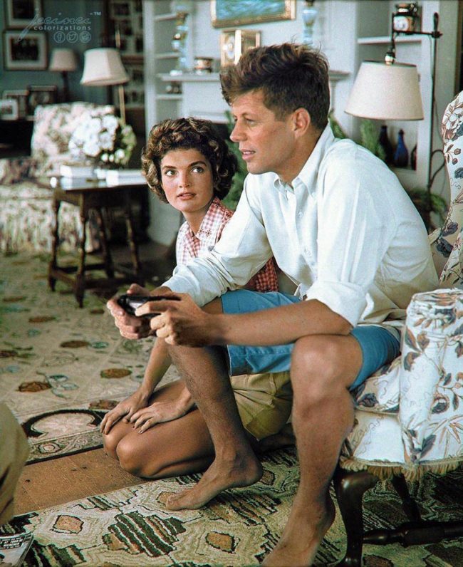 Historical photo. Jacqueline Bouvier is begging John Kennedy to buy a second wireless gamepad for the PS4