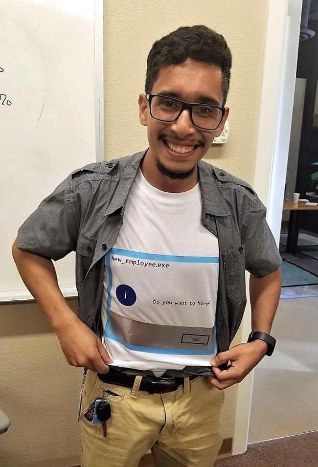 We had a candidate interview for an IT position today. He designed and printed this shirt because he was interviewing on Halloween. Needless to say, we hired him